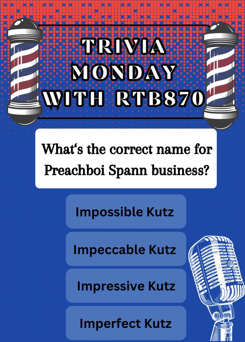RTBarbershop870's tweet photo. Great Afternoon! It’s time for some trivia with RTB870! What’s the correct answer? Comment the correct answer! 🔥💈

REMEMBER! To subscribe to our channel

https://t.co/0zFHSigZU3 https://t.co/uj9LvX5oS2