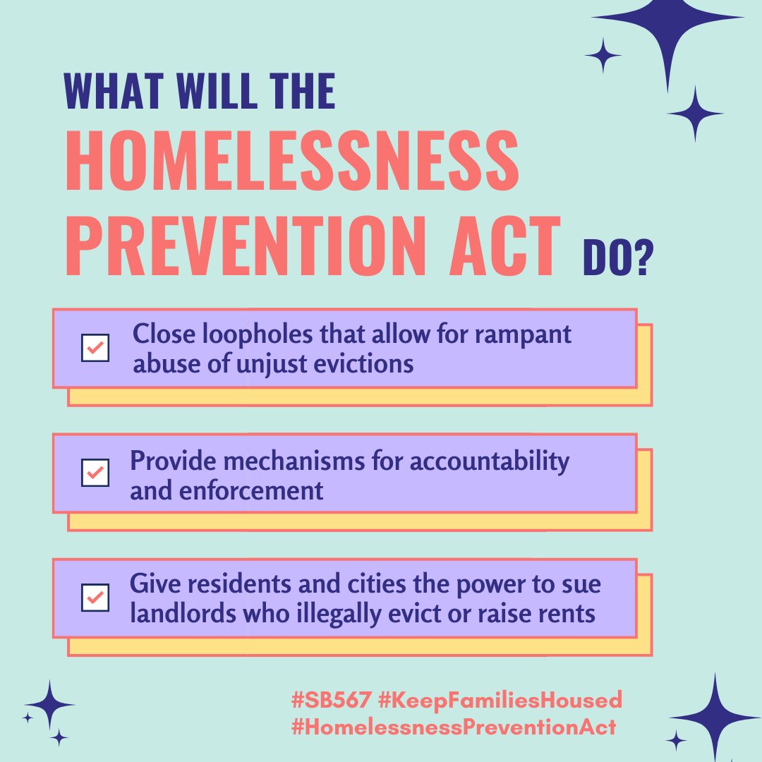 Passing the #HomelessnessPreventionAct #SB567 would require landlords to:

👷🏽 To have permits before issuing eviction notices
🔨 Describe the actual repairs to be completed
🗓️ Explain how long the renovations will take

#KeepFamiliesHoused #HousingIsAHumanRight #HomeIsSacred