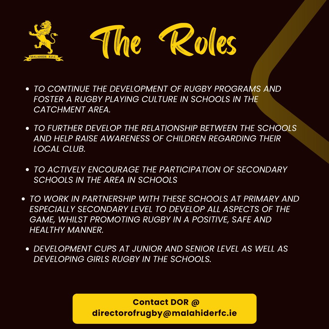malahiderfc's tweet photo. Malahide RFC is searching for a CCRO (Club Community Rugby Officer) for the upcoming season. This role would be a fundamental part of the club's progression of rugby in the club and the local area.  

For more information, please email Ray at directorofrugby@malahiderfc.ie. https://t.co/AIfaxFR4KO