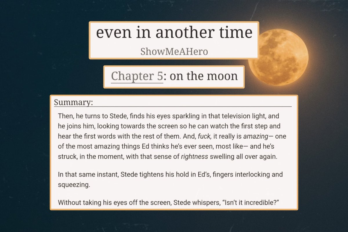 nicole__mello's tweet photo. part 5: on the moon 🌙
--> in the mid-1900s 📺
in the fifth part of EVEN IN ANOTHER TIME, ed impulsively attends a moon landing viewing party— and finds someone far more interesting than any of the astronauts on the television.
#eveninanothertime #ofmd
https://t.co/qbCjfGq9ap https://t.co/degWblXWDI