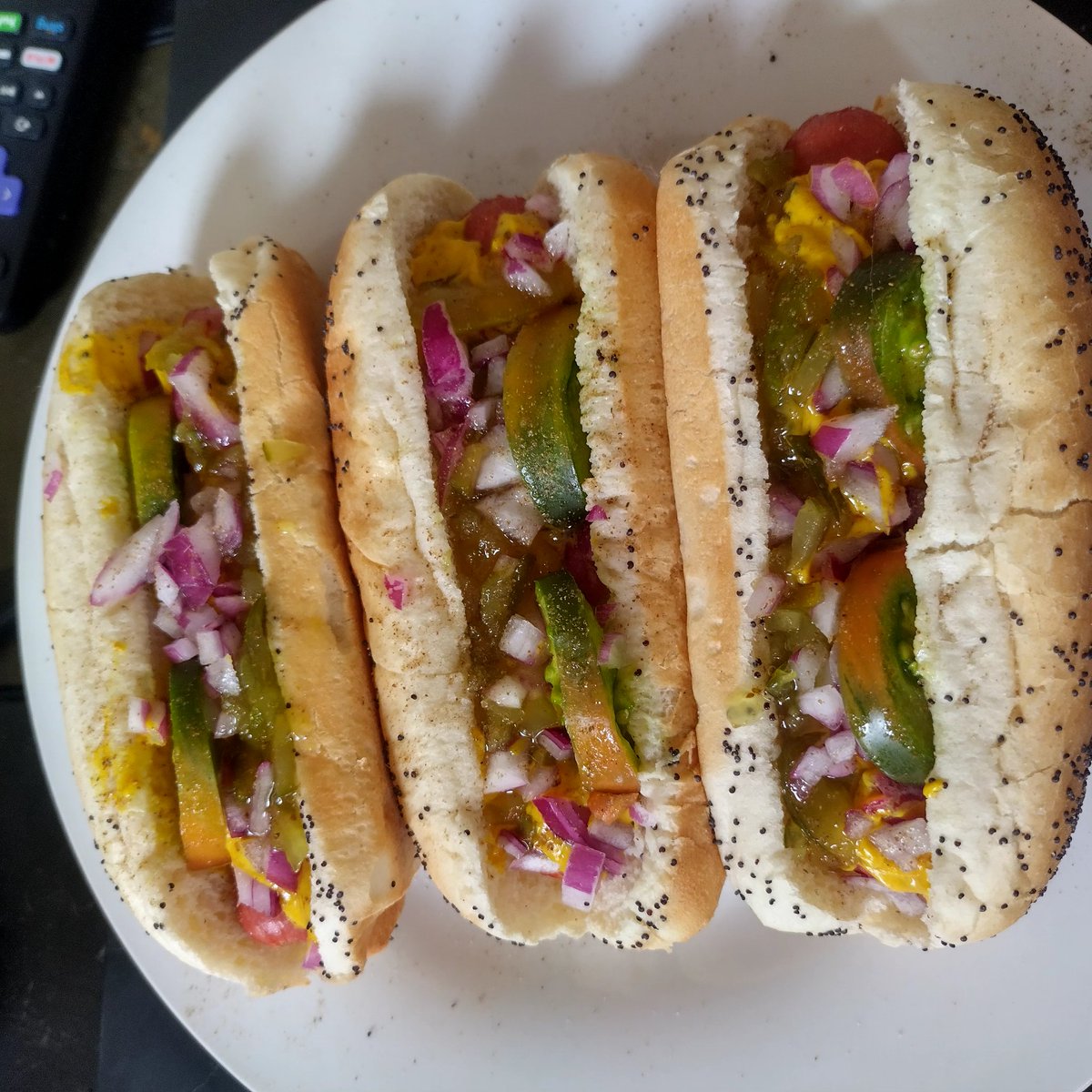 Chicago style hot dog with Vienna beef hot dogs, S Rosens  poppy seed bun! Red onions & heirloom tomato from my garden bc that's what I had and I'm outta sport peppers so I'll use Sriracha  #chicagohotdog #viennabeef #srosens