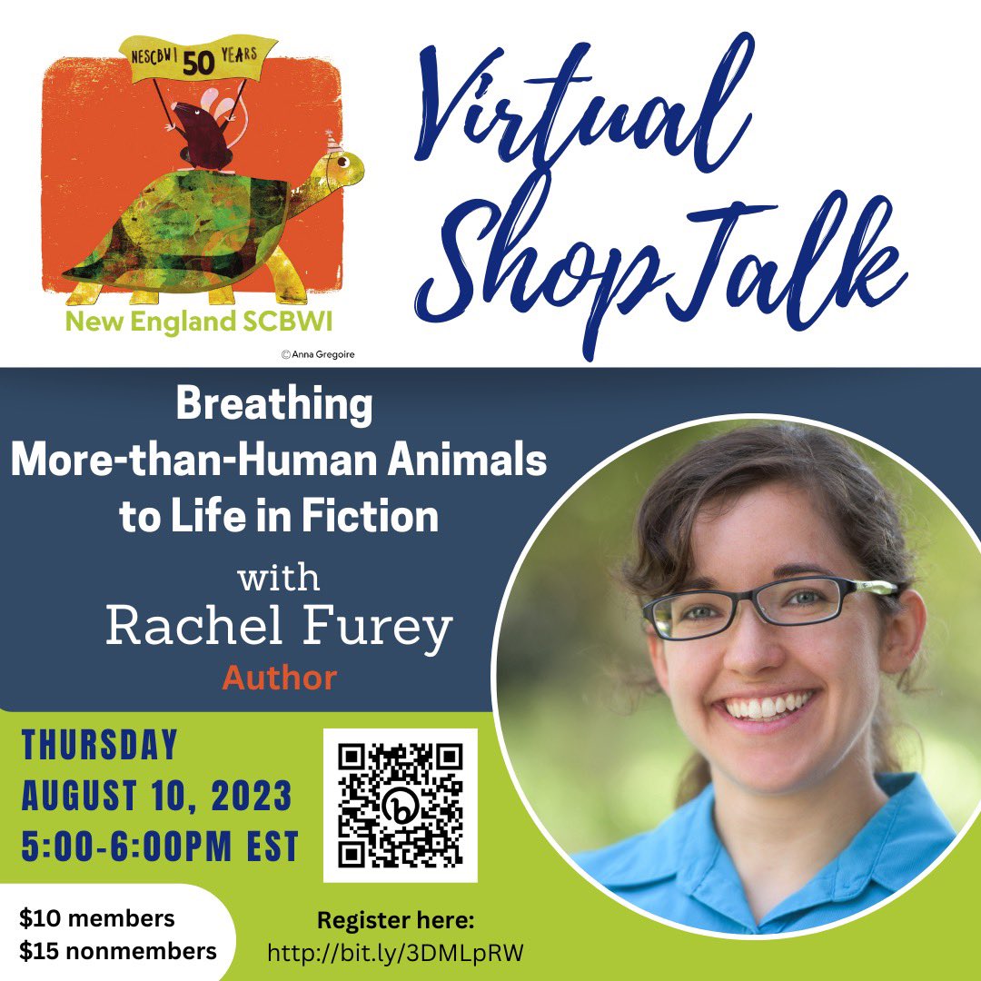 Join us THIS Thursday (8/10) from 5-6pm EST for our next #nescbwi Virtual #ShopTalk with author Rachel Furey: Breathing More-than-Human Animals to Life in Fiction. $10 for premium members, $15 for nonmembers. Learn more and register here: scbwi.org/events/virtual… #scbwi #kidlit