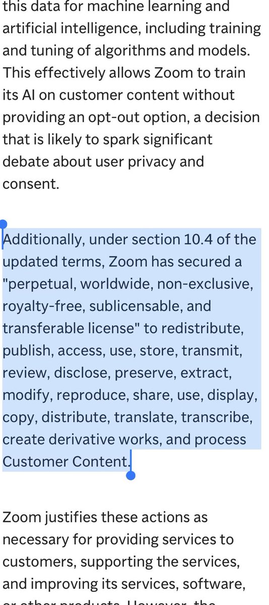 We are in the middle of a #WritersStrike partly over this very issue. We use zoom for online writers rooms, and @Zoom decides to do completely f over ANYONE who uses the platform: '... allows Zoom to train its Al on customer content without providing an opt-out option