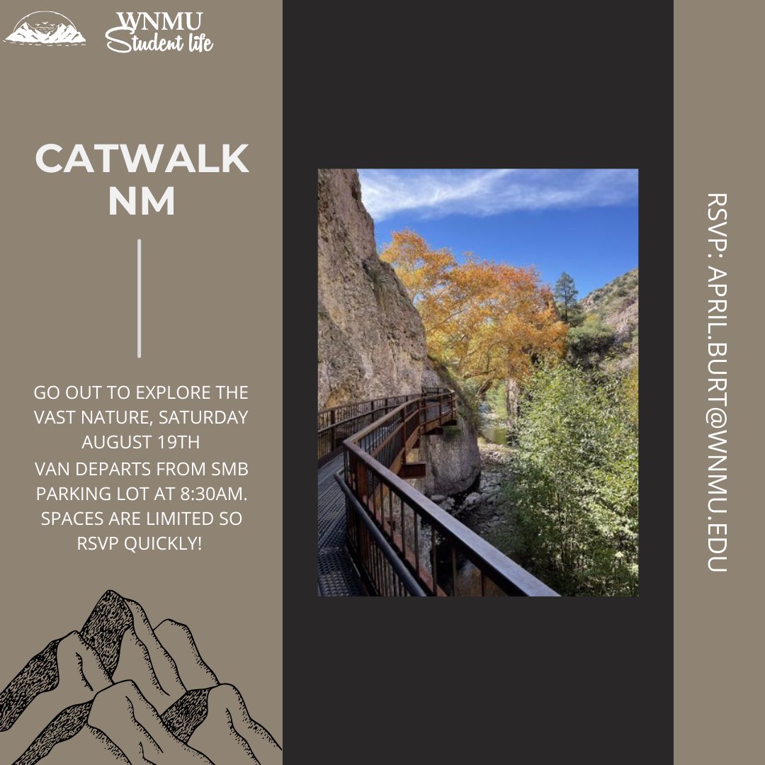 Go out and explore the vast nature, Saturday, August 19. The van departs from SMB parking lot at 8:30am. The spaces are limited, RSVP: april.burt@wnmu.edu