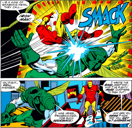 MarvelADay's tweet photo. #MarvelADay #IM49 The fight is taking place at Avengers mansion while the rest of the team is away. Here, IM gives the Adaptoid a nice SMACK feet-first! - VA https://t.co/HlOs4GUctc