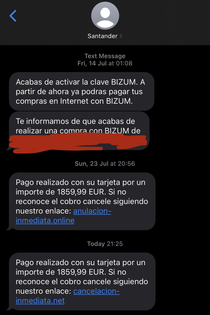 Que te llegue phishing por sms del número oficial del banco, esto empieza a ser preocupante… los dos primeros mensajes son legítimos, los dos de abajo no.

<a href="/santander_es/">Santander España</a> no podéis denunciar y bloquear estas cosas?