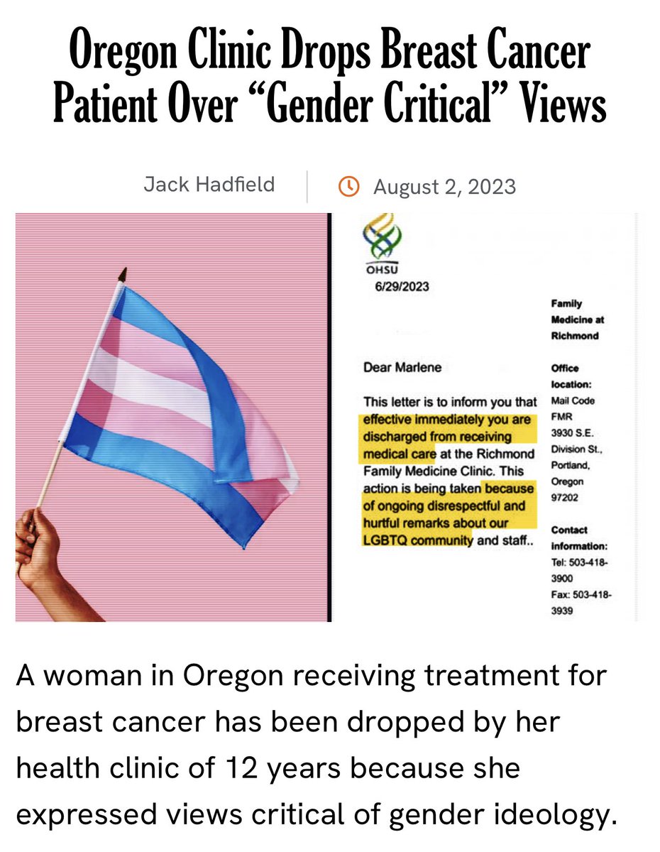 WallStreetApes's tweet photo. WOW So Now If You Don’t Believe In The Left’s/ Globalist’s Population Control By Chemical Castration For  Children You Can Get Dropped From Your Cancer Treatment?!? 🚨🏳️‍⚧️

“Like a growing number of women, has “gender critical” views, rejecting modern ideologies that conflate biological sex and “gender identity.” Barbera mentioned she had faced rape and death threats from trans activists on X (formerly Twitter), many of whom would have identified with that same flag.”

Initially, the Doctor, who she revealed had been her primary care provider for over ten years, said that he would not take the flag down. But while Barbera had initially believed their correspondence to be private, she later discovered that the note to her physician had been viewed and shared by other staff at the clinic.

This June, while attempting to leave a message for her doctor regarding blood test results, the issue continued to escalate. A receptionist at the clinic, who Barbera speculated was transgender, did not permit her to be patched through to her doctor.

“I have severe chronic agitated depression since teen years,” Barbera explains. “Now I have no primary care doctor and nowhere else to go. I have been made to feel like a worthless nothing.”

This is not the first time a woman has lost access to critical medical services due to her “gender critical” views.

Marlene Barbera had been a patient at the Richmond Family Clinic for 12 years.