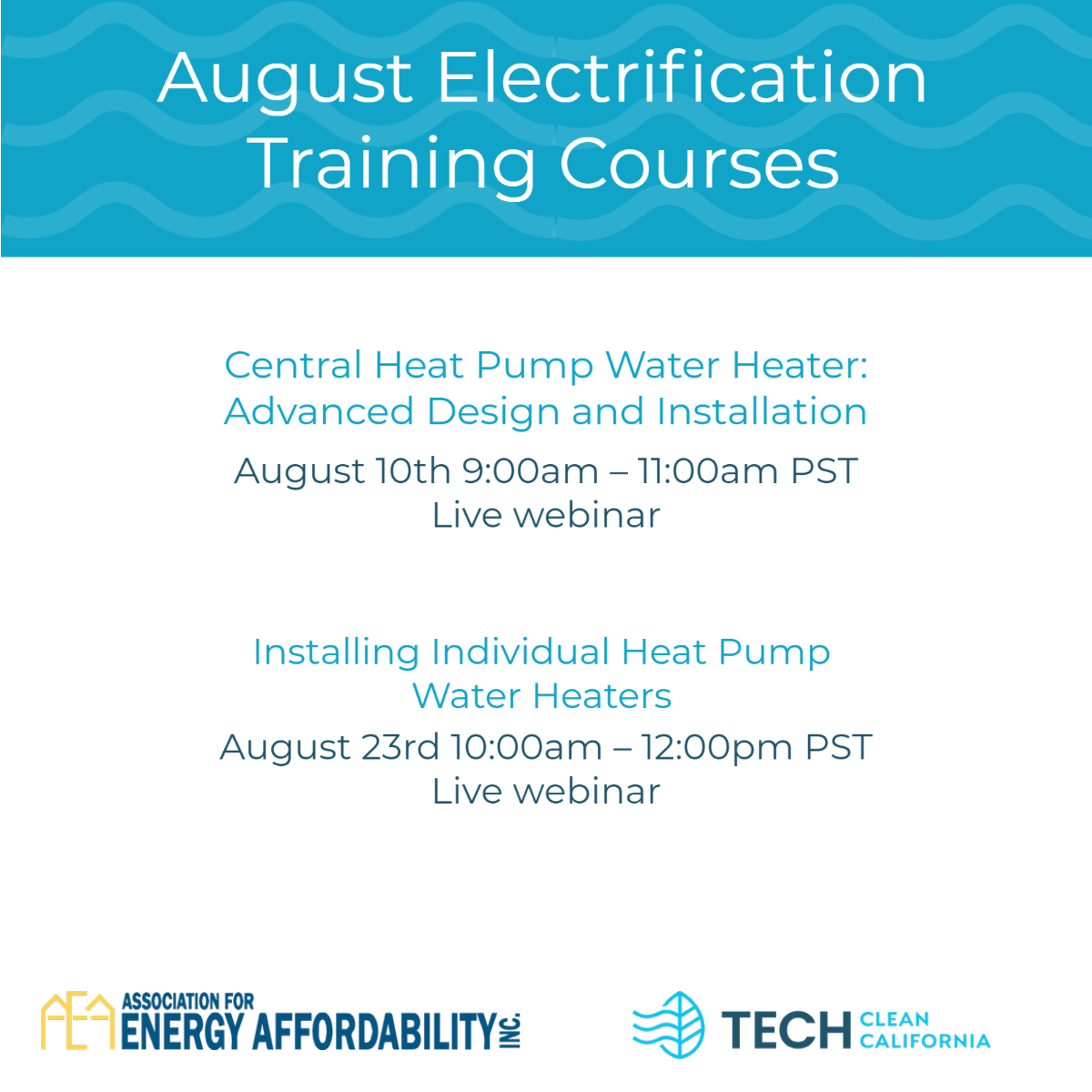 Association for Energy Affordability, Inc. (@aea_us) on Twitter photo We're offering two great training courses for free this August with <a href="/TECHClean2/">TECH Clean California</a>. If you're interested, click the link to register. ow.ly/eKKq50Pun1w
#aeatraining #CHPWH
#HeatPumpWaterHeater
#HPWH #TechCleanCalifornia We're offering two great training courses for free this August with <a href="/TECHClean2/">TECH Clean California</a>. If you're interested, click the link to register. ow.ly/eKKq50Pun1w
#aeatraining #CHPWH
#HeatPumpWaterHeater
#HPWH #TechCleanCalifornia