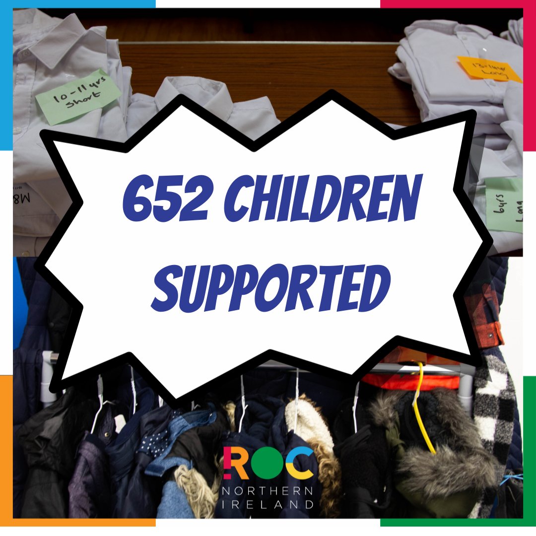 ROC_NI's tweet photo. ROC School Uniform Projects provided uniforms to 652 children in Greater Belfast - equivalent to 1.5 primary schools. The financial burden, stress &amp; worry lifted for many families &amp; 1000s of items saved from going to landfill. #Ballybeen #NorthBelfast #Glengormley #WestBelfast https://t.co/uHOdPsSS25