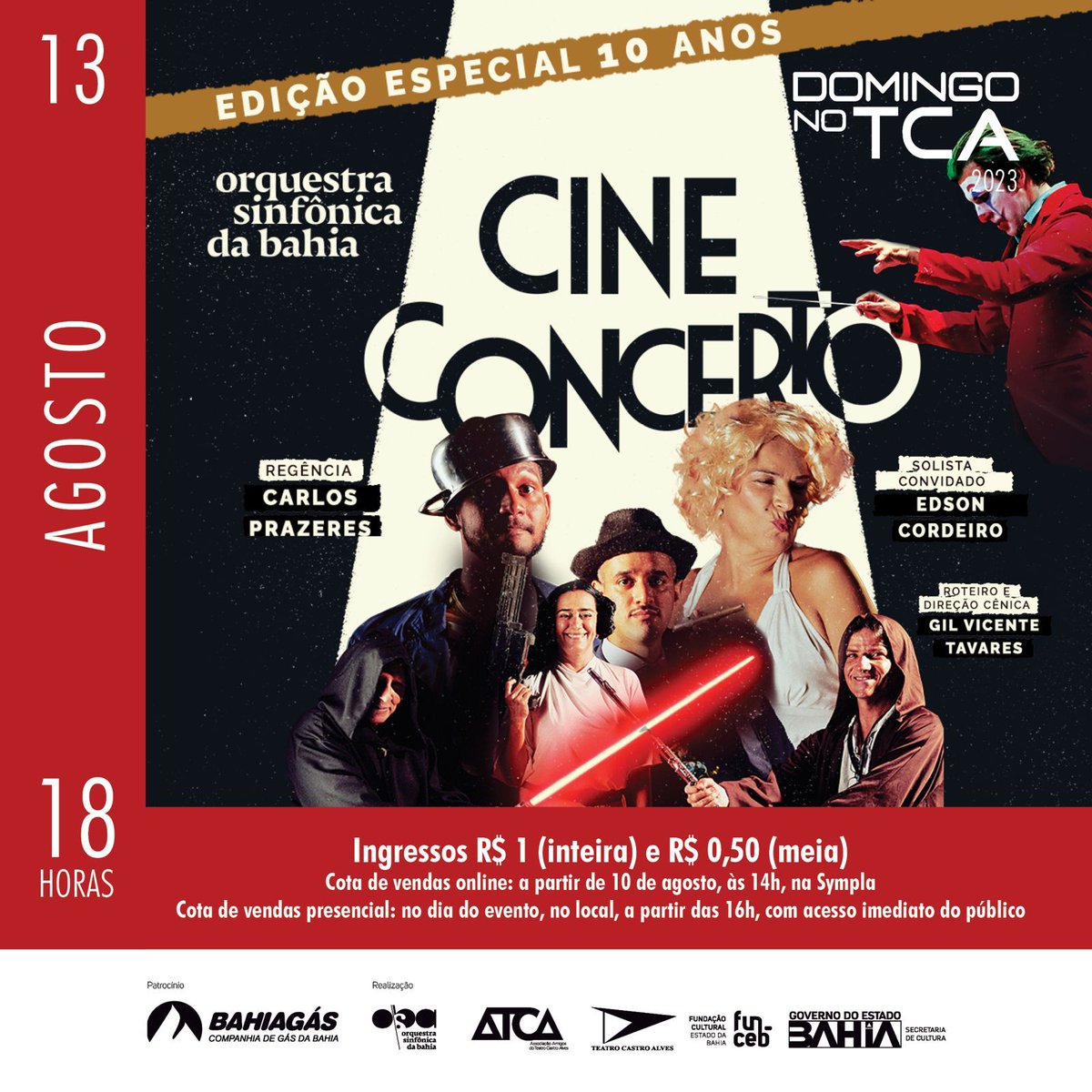 Vocês pediram e nós atendemos: vai ter mais uma data do CineConcerto | Especial 10 anos pelo projeto Domingo no TCA! Vamos apresentar mais uma sessão no domingo, dia 13, às 18h, também na Concha Acústica do TCA!