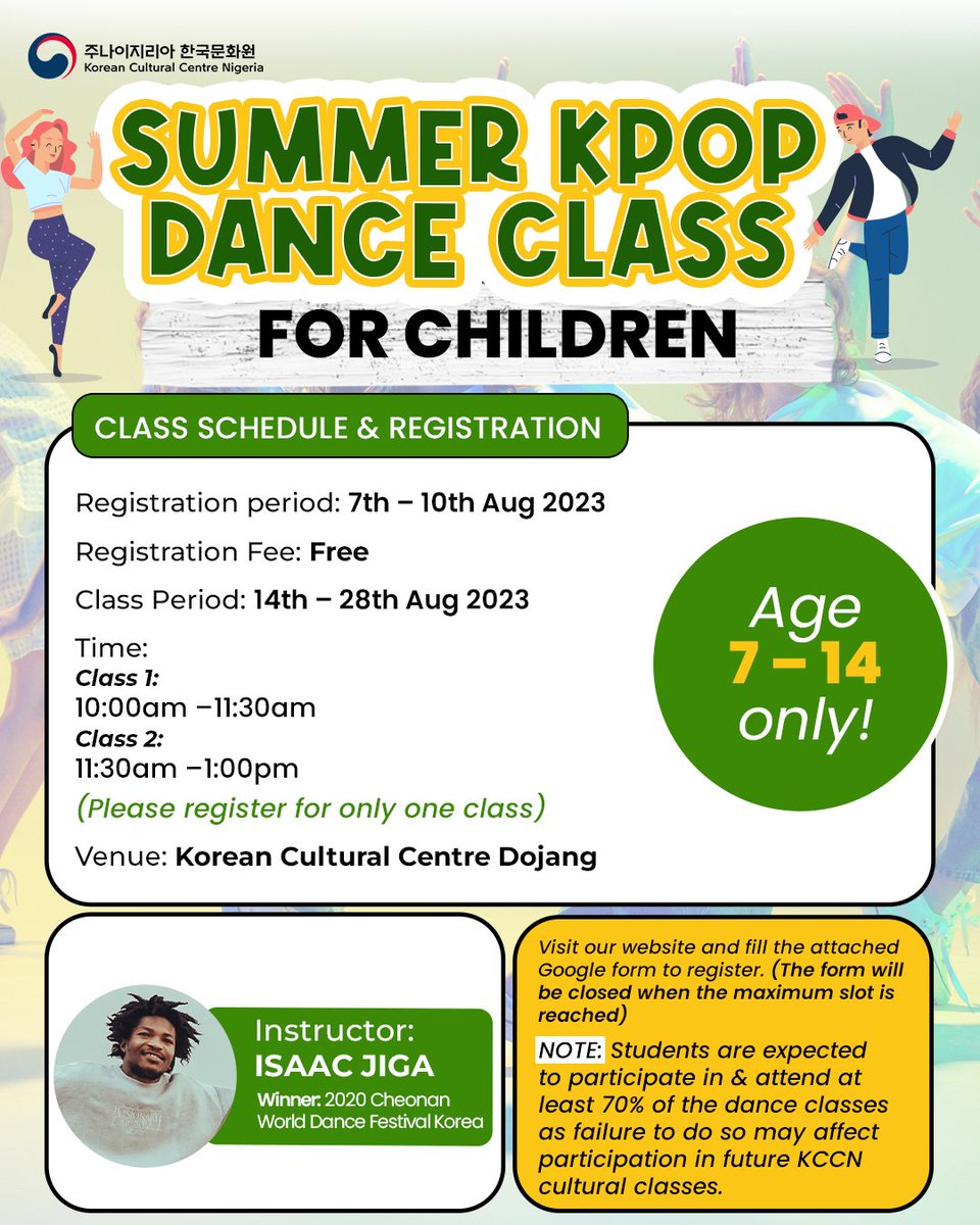📷Summer K-pop Dance Class for Children

The Korean Cultural Centre Nigeria in collaboration with Jump Arewa, an organization dedicated to promoting dance and cultural exchange presents a two-week K-Pop Dance Class for children.

Read more: ngr.korean-culture.org/en/831/board/6…