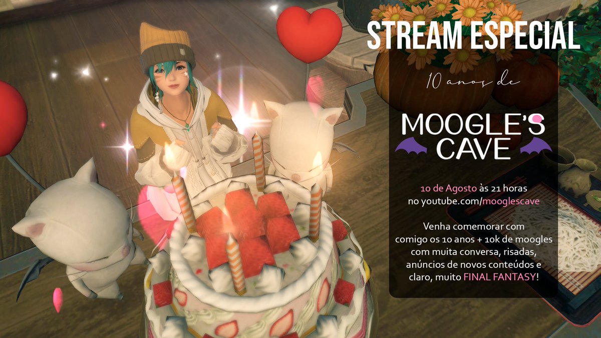 Hey moogles! Não é só FFXIV que está comemorando 10 anos, a Moogle's Cave também!🎉✨
Então para agradecer à todos vocês pelos 10 anos e os 10k de moogles, vai ter uma stream especial dia 10 lá no YT! Conto com a presença de vocês, kupo!!😊💕💕