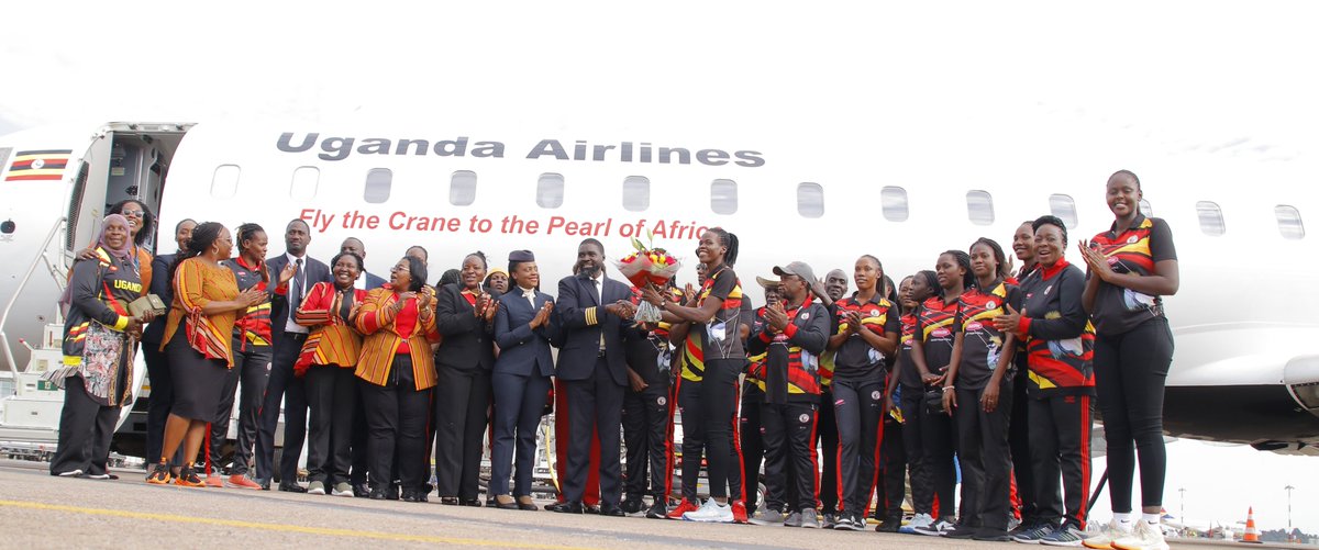 UG_Airlines's tweet photo. The heroic @shecranes256 are back home🎉
Thank you for making #Uganda shine at the #NWC2023 
#FlyUgandaAirlines https://t.co/bP7lzwef96