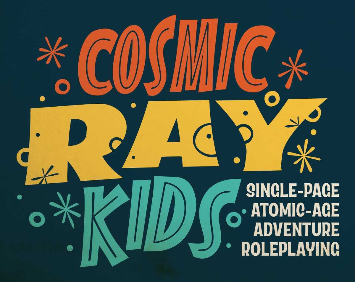 jesseross's tweet photo. Sure, dark forests and tragic horror are cool and all. But how about a silly retro superhero kids game?

If you like bad puns and cute art, check out my entry for the One-Page RPG Jam: Cosmic Ray Kids! Link below! https://t.co/wq0SqxFpZ6