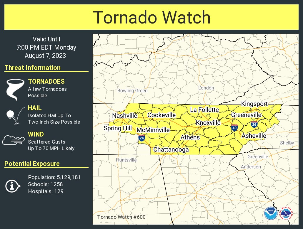 A tornado watch has been issued for parts of North Carolina and Tennessee until 7 PM EDT