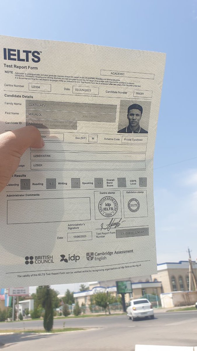 chustmaster's tweet photo. #IELTS  ✅
#chustmaster #resulta 
Izzatillaev  Mirjalol 
Overall : 6.0 🫢

P.s  lekin writinga gap yo'q 😀

@chustmaster 
#uzb https://t.co/iCRVJ8HARI