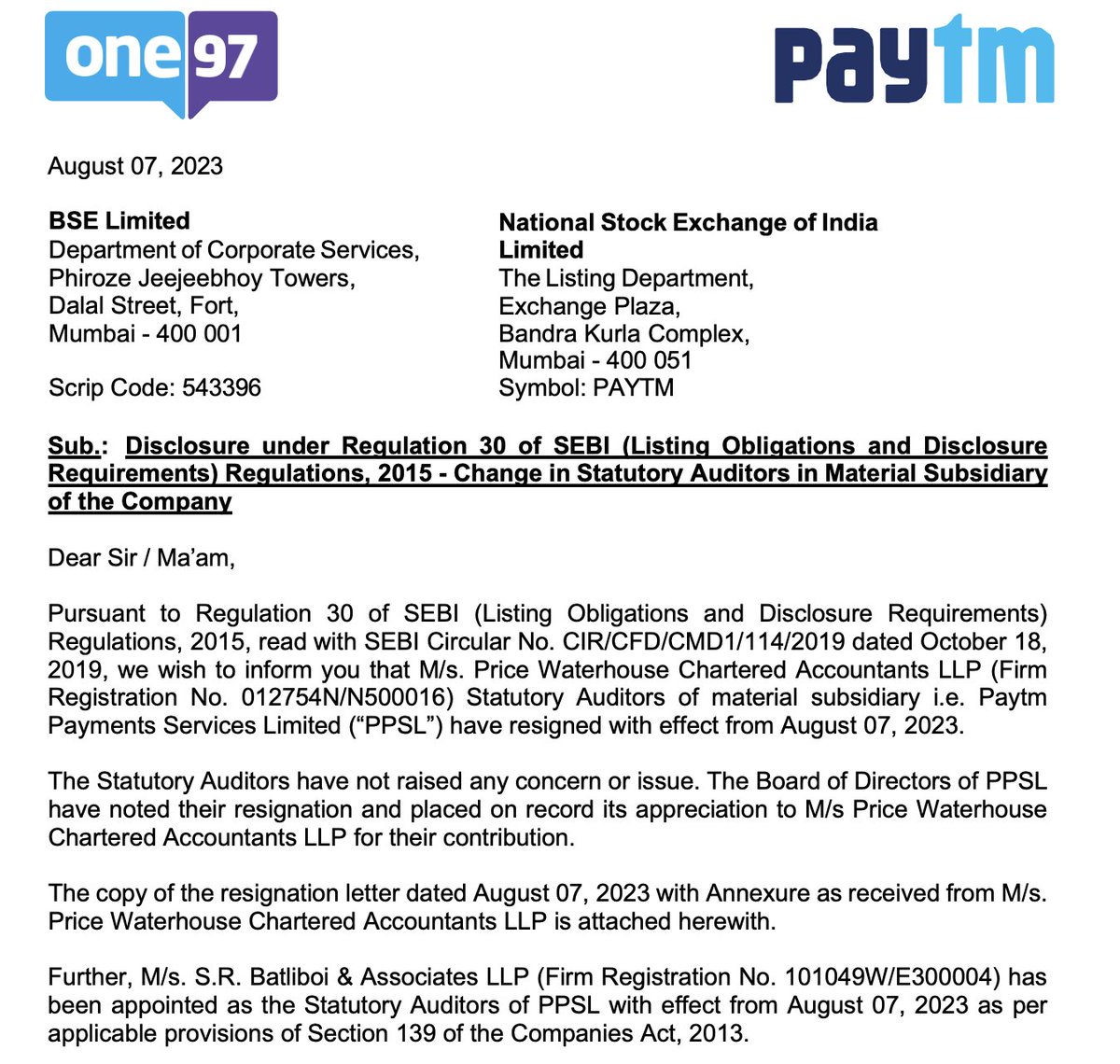 🚨 Paytm Payment Services' statutory auditor PWC has resigned

The firm has appointed SR Batliboi (network firm of EY) as the new auditor
