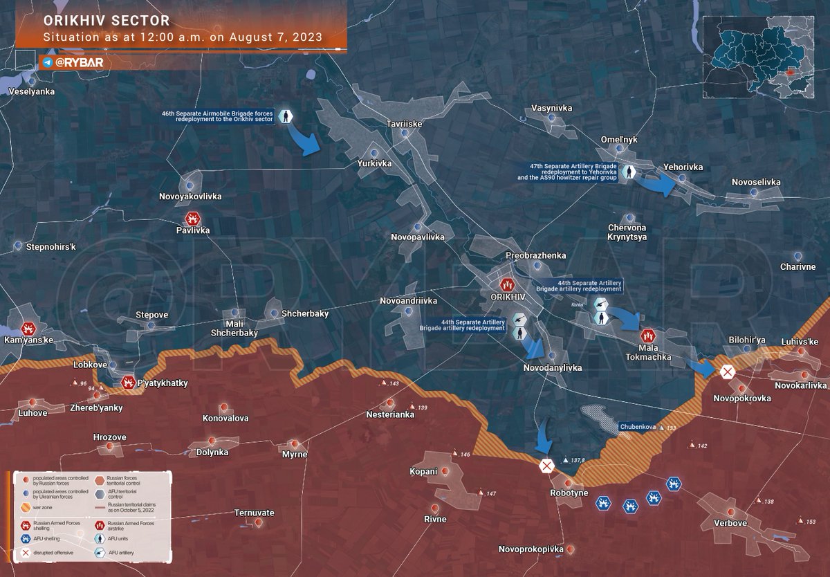 EurekaNews10's tweet photo. ⚡️ 🇷🇺🇺🇦⚔️ Situación en la sección #Orejov hasta las 12:00 del 7 de agosto 2023⚡️
🔹 La actividad de las formaciones ucranianas sigue siendo baja. Los continuos intentos de romper las líneas #Rabotino - #Verbovoye y #Pyatikhatki - #Zherebyanka provocaron grandes pérdidas de efectivos.
▪️ Debido a ello, paracaidistas de la 46ª Brigada Aeromóvil de las Fuerzas de Asalto Aéreo de Ucrania del Grupo Táctico Marun fueron desplegados desde las zonas de retaguardia a #Orejov. Antes, formaciones de la 71ª Brigada Jager llegaron a #Belogorye.
🔹 En los últimos días se han producido varias pequeñas incursiones de grupos de infantería, probablemente en el marco del sondeo del terreno, pero los ataques han sido rechazados.
▪️ Además, continúa el despliegue de cañones de artillería de las Brigadas de Artillería Separadas 44ª y 47ª de las AFU, así como de las formaciones del 10º Cuerpo de Ejército, hacia la línea del frente. Al mismo tiempo, incluso en las brigadas de "élite" hay escasez de equipos, y debido a la falta de tiempo, los equipos de reparación operan en la línea del frente.
📌 A pesar de la reducción del potencial de combate, el enemigo sigue teniendo recursos. El bombardeo no ha cesado, y el suministro de proyectiles continúa. Pero la introducción del grupo táctico Marun confirma los datos sobre las grandes pérdidas de las AFU. Para demostrarlo, se está formando apresuradamente una nueva brigada en #Primorsky.