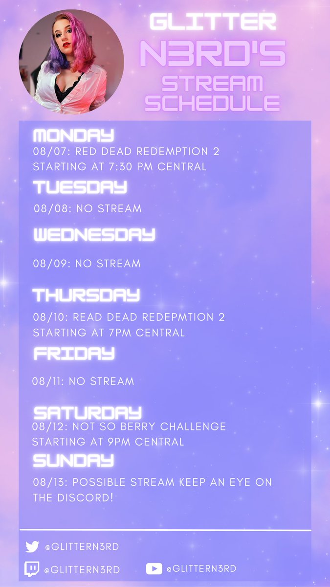 GlitterN3rd's tweet photo. I know this app is dying but just in case my friends here want to know when I’m streaming this week. 🙃 

#twitch #twitchstreamer #twitchaffiliate #womenoftwitch #twitchgirls https://t.co/OCON8eVyyr
