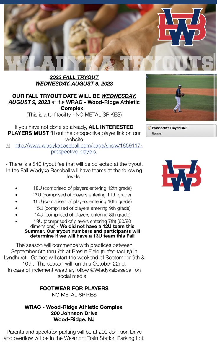 WladykaBaseball's tweet photo. Wladyka Fall Tryout. All interested players must register in advance of the tryout (link in bio). Tryout is for new players only, current Wladyka Players do not need to attend https://t.co/rxyL51YITd