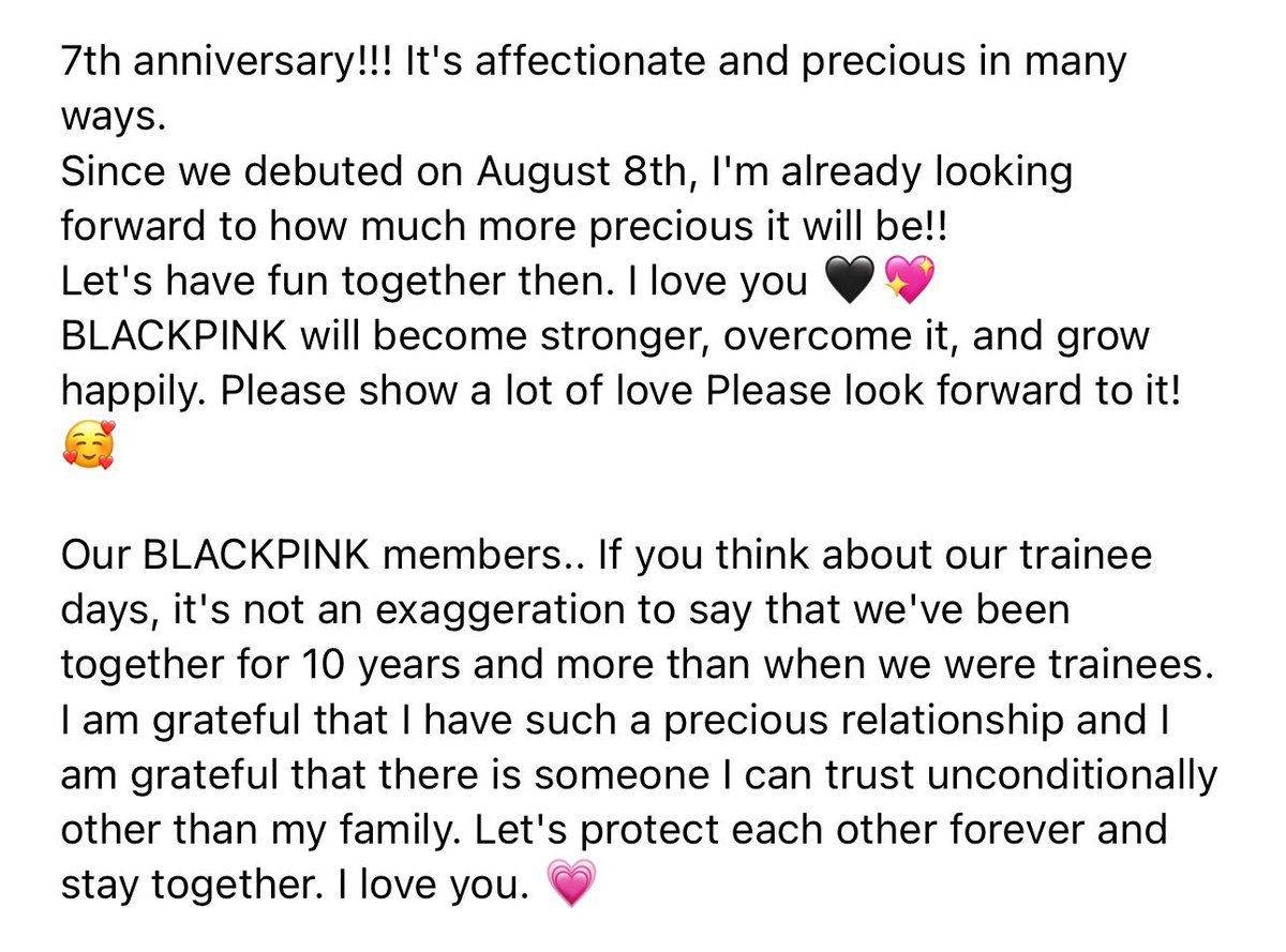 Đang định dịch lời ả ta viết mà nhìn lại thấy thoi:)) Huhu đọc xong mà xúc động gần chít. Chị ta yêu fan nhất lun

ALWAYS WITH BLACKPINK 
#7YearsWithBLACKPINK 
#FOUReverWithBlackpink 
#일곱살_블랙핑크_일평생_함께할게
<a href="/BLACKPINK/">BLACKPINKOFFICIAL</a>