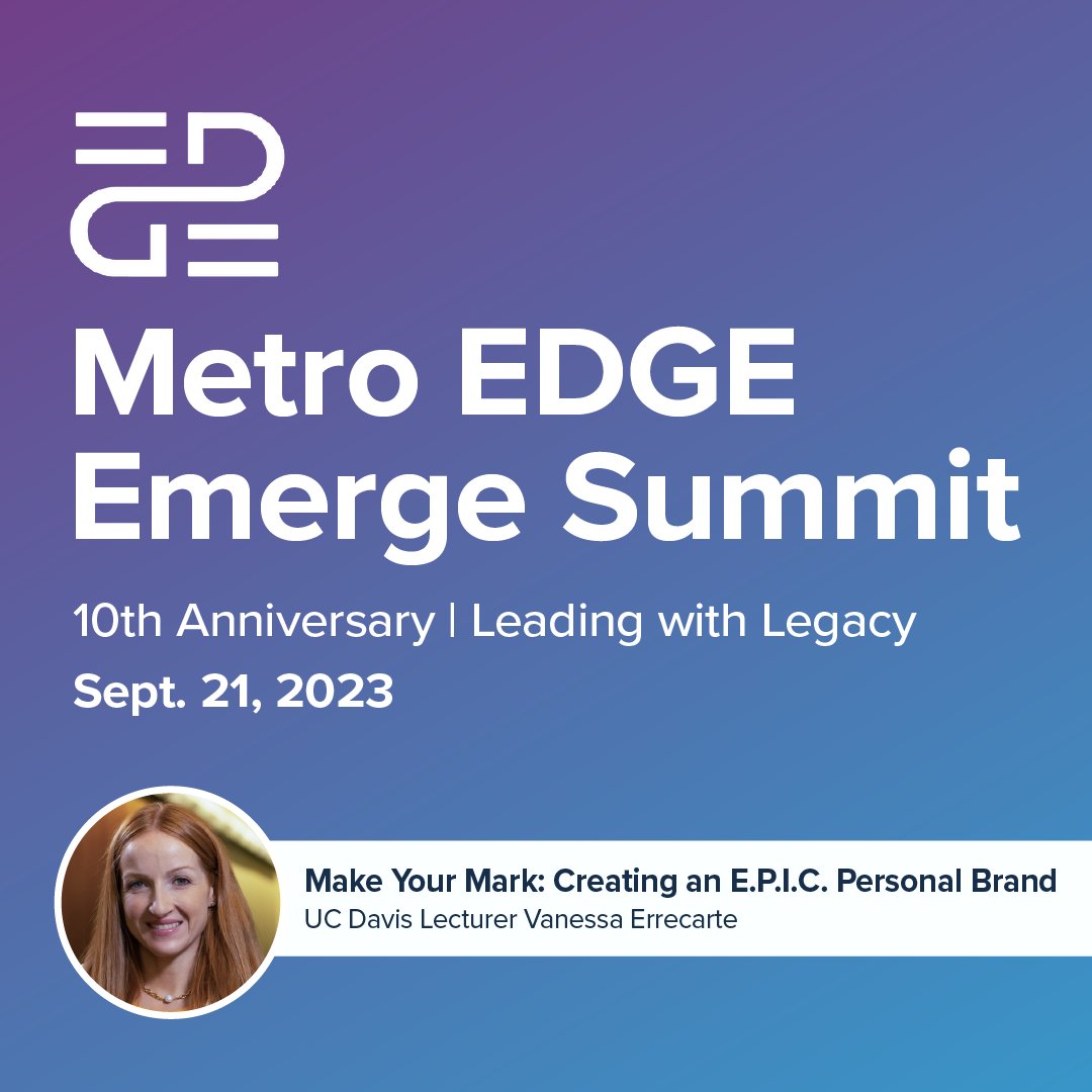 ucdavisbusiness's tweet photo. Join us at Metro EDGEโs 10th Anniversary Emerge Summit! On 9/21, attendees can expect an inspiring day of keynotes and speakers, including MBA alum and lecturer Vanessa Errecarte. We're pleased to serve as presenting sponsor! Details: https://t.co/ibwU6tzhc8 #LeadingwithLegacy https://t.co/FuQVD03Dvl