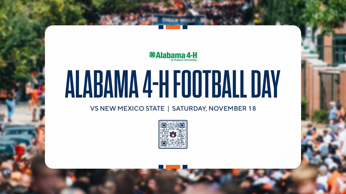 Football season is almost here! 🏈 

We hope you’ll join us for the 2023 Alabama 4-H Football Day at Auburn University on November 18! Auburn Tigers vs. New Mexico State. Purchase your $15 tickets here: fevo.me/3qarA3I

War Eagle 🦅 and Go Team Alabama 4-H 🍀