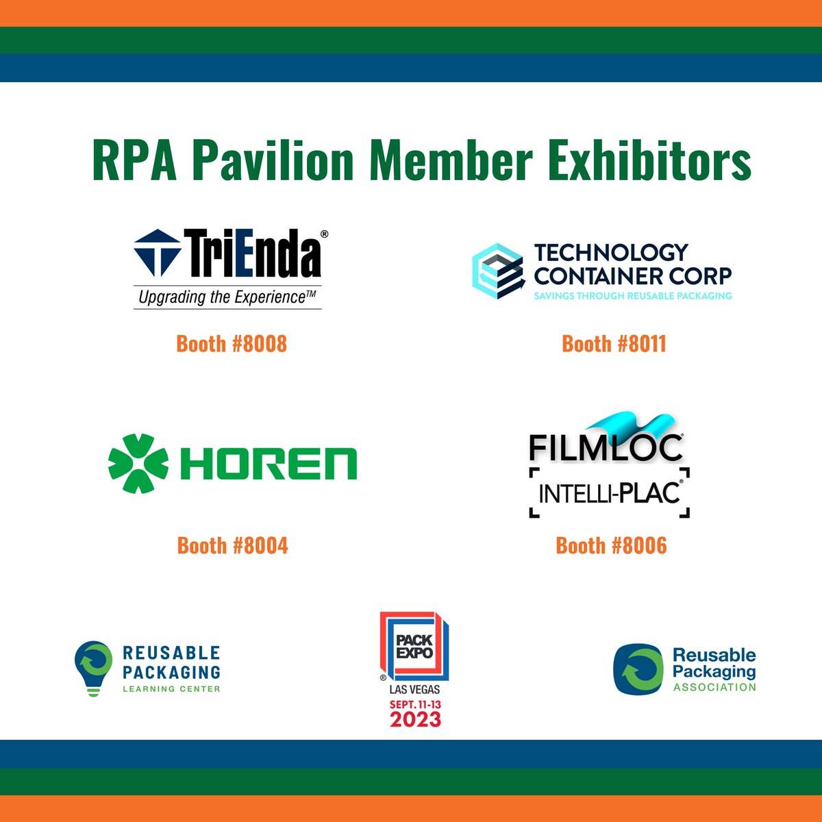 Check out @TriEndaHoldings, Technology Container Corp., HOREN & FILMLOC, INC. in the Reusable Packaging Pavilion at @packexposhow Las Vegas, September 11-13. Preview all the industry-leading exhibitors & get a peek at the 2-day Learning Center agenda: reusables.org/learning-cente…