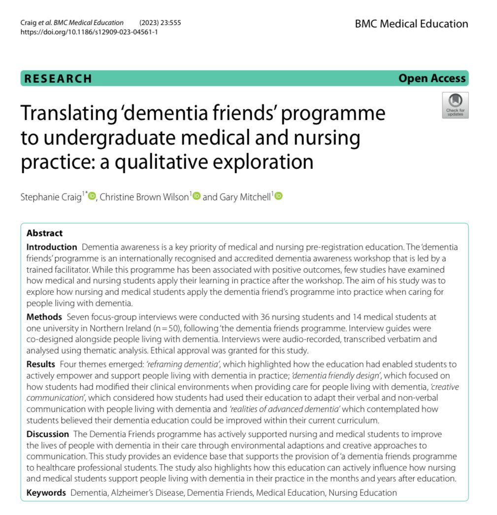 3 #papers in 3 #months ✍️

Delighted to see this paper published in @BioMedCentral Medical Education from an @alzheimerssoc funded undergraduate #bursary in which I was 1/12 in the #UK funded to complete this @DementiaFriends research ✨ 

Link below👇👇👇
bmcmededuc.biomedcentral.com/articles/10.11…