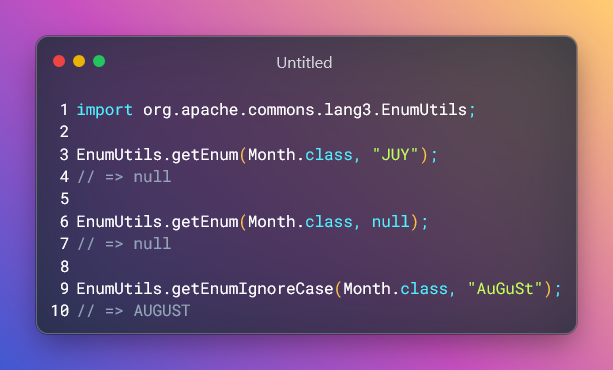 #Java Tip: Use Apache Commons Lang3 EnumUtils to gracefully handle Enums. The standard java Enum class throws Exceptions when you pass an incorrect value. But  EnumUtils returns safely plain null. There is even a ignoreCase method to get an enum value. t.ly/8c_GZ