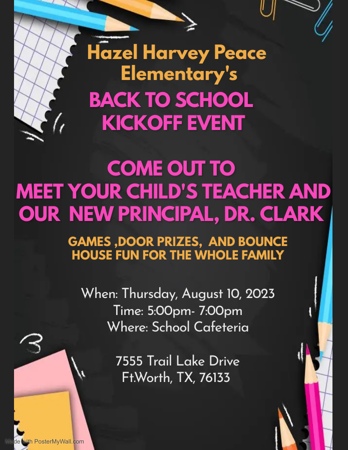 The 2023-24 school year is gearing up.  Please join us for back to school kickoff event. You will be able to meet your child's teacher and our new principal, Dr. Clark.