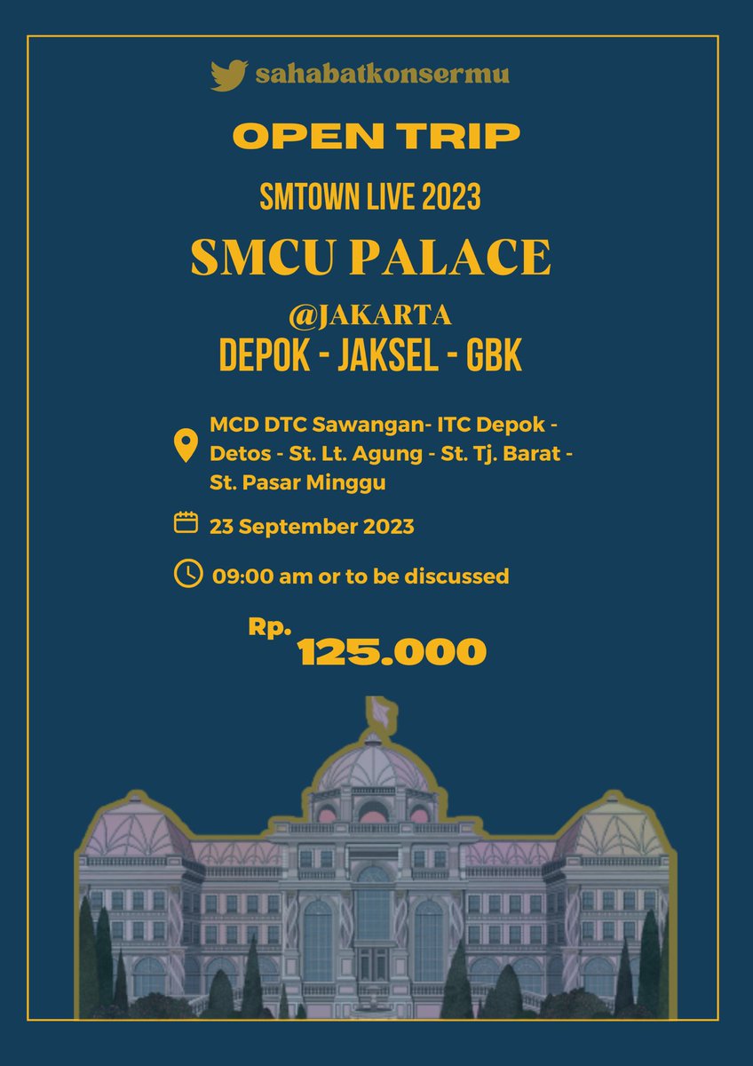 [OPEN TRIP]
SMTOWN LIVE - SMCU PALACE IN JAKARTA 
💰 IDR 125K PP
🚗 MCD DTC Sawangan - ITC DEPOK - DETOS - ST Lenteng Agung - ST Tanjung Barat - ST Pasar Minggu
⏰ 09:00/to be discussed
All SM Fandom Depok/Jaksel/Jaktim yg cari transport, cek👇🏻 #SMTOWN_LIVE_2023_JAKARTA