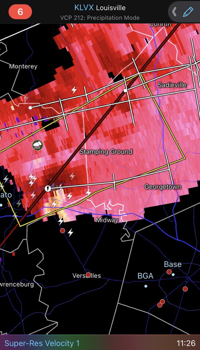 This strong storm heading towards stamping ground needs to be watched closely for tornadic potential. #kywx Stay alert.