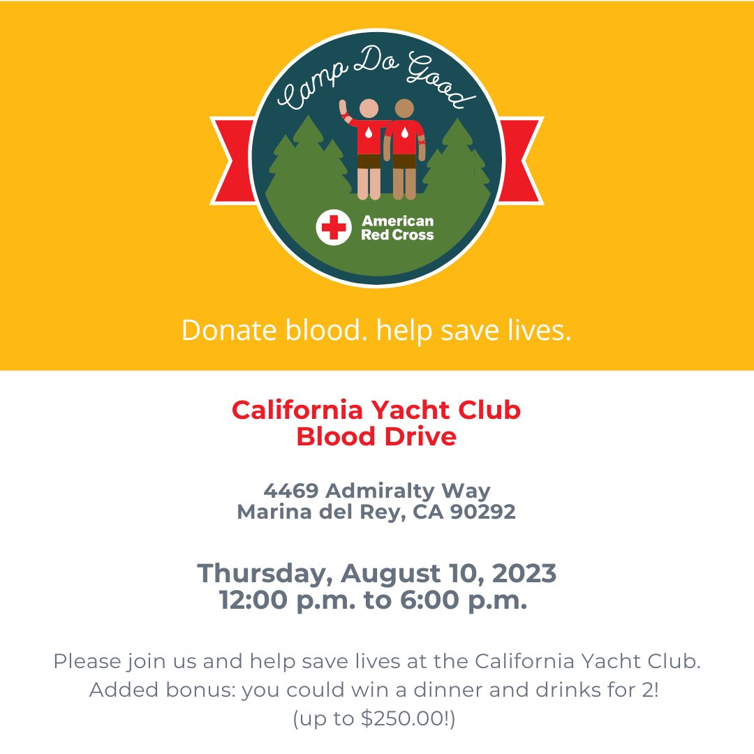 Donate blood. Help save lives. @calyachtclub is hosting a blood drive this Thursday from 12pm - 6pm. To make your life-saving appointment, please visit Redcrossblood.org and enter sponsor code: 'CYC' in the search bar. You can also email Brooke.Caress@CALyachtclub.net