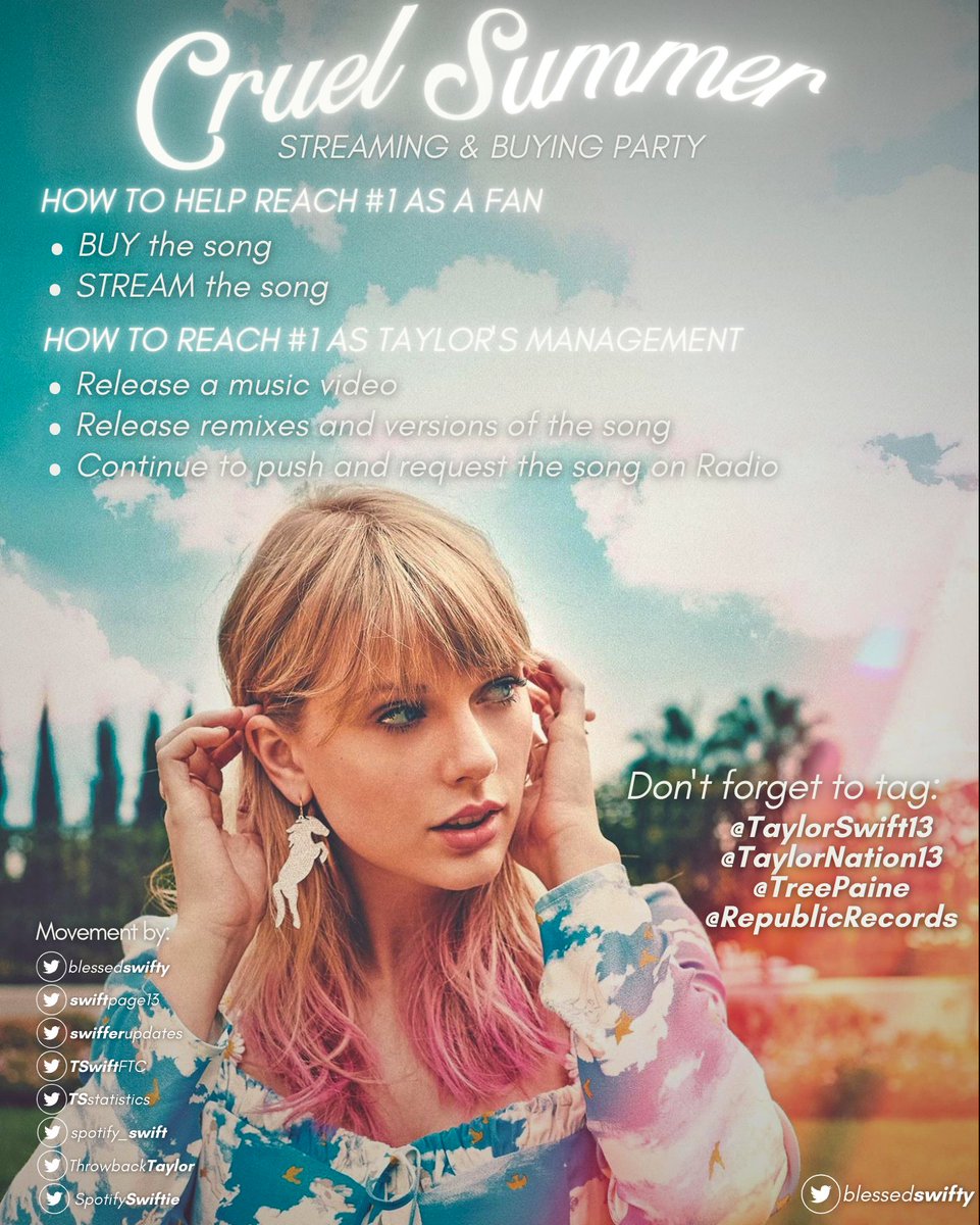 blessedswifty's tweet photo. ‼️ | “Cruel Summer” is now 40 points away from reaching #1 on Billboard Hot 100.

— We can make the song reach #1 by STREAMING and BUYING the song. Don't forget to tag @taylornation13, @treepaine &amp; @RepublicRecords in the comments. https://t.co/5UFcRhSi0M