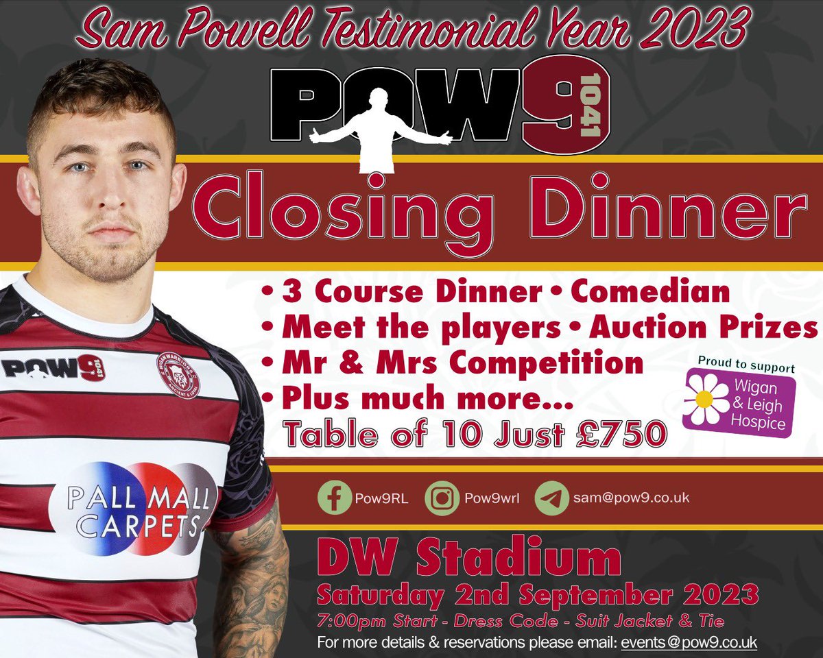 £75 tickets per person 🍒⚪️ Email events@pow9.co.uk to book 🙌 @SammPowell @WiganWarriorsRL