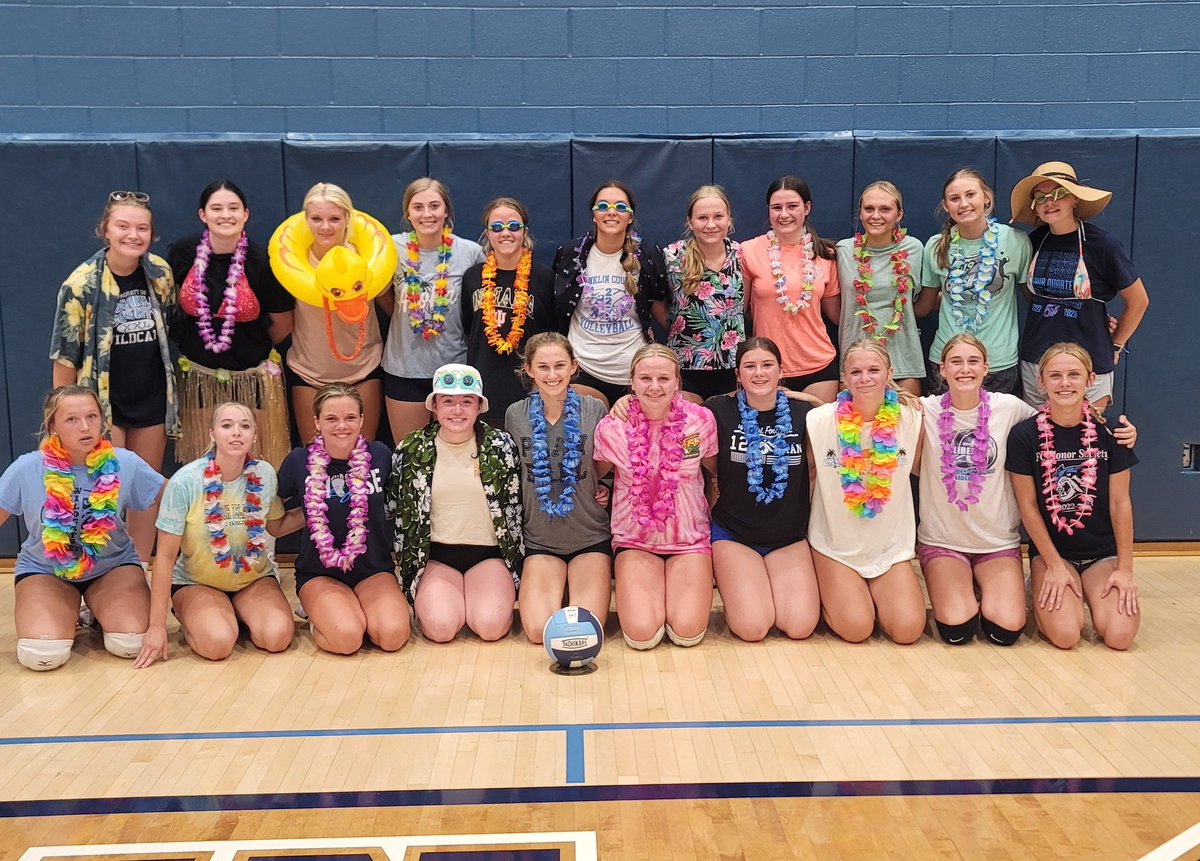 JillAMergenthal's tweet photo. For our 5th practice this past Friday, Coach @TanaStang suggested a themed practice!!!  The seniors chose Hawaiian🏝 the JV and V had a great time with this theme!!💙🏐🩵 https://t.co/ROq0SLb7Nd