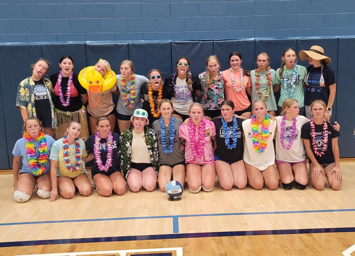 JillAMergenthal's tweet photo. For our 5th practice this past Friday, Coach @TanaStang suggested a themed practice!!!  The seniors chose Hawaiian🏝 the JV and V had a great time with this theme!!💙🏐🩵 https://t.co/ROq0SLb7Nd