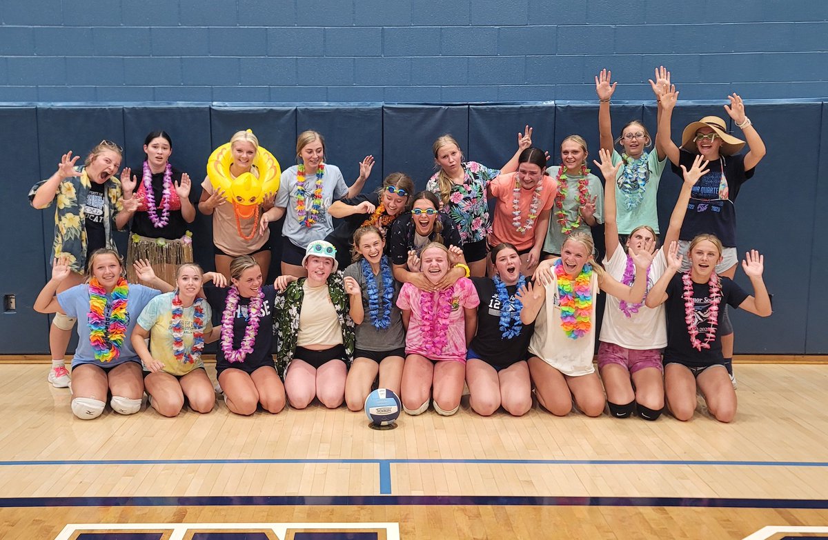 JillAMergenthal's tweet photo. For our 5th practice this past Friday, Coach @TanaStang suggested a themed practice!!!  The seniors chose Hawaiian🏝 the JV and V had a great time with this theme!!💙🏐🩵 https://t.co/ROq0SLb7Nd