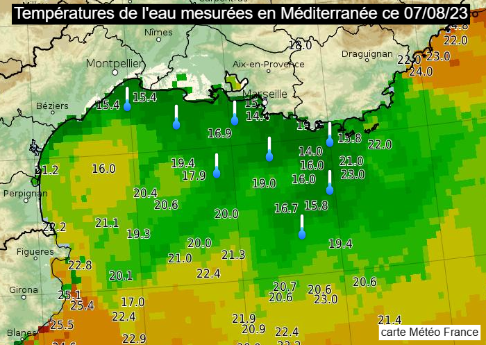 Meteovilles's tweet photo. 📉🥶 Après avoir atteint 25°C fin juillet, la température de l'eau sur les plages des #BouchesDuRhône atteint péniblement les 15°C ! La faute à l'#upwelling. On vous explique ce phénomène dans notre article. ➡ https://t.co/E5l4c7yMnl https://t.co/hYF7cNUGzs