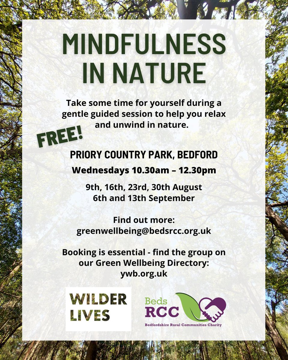Our Mindfulness in Nature sessions start this Wednesday! 📍 Priory Country Park, Bedford throughout August and September. 🌿 Find out more: bit.ly/3KhmSrV 

@BedfordTweets @RC_BedsLuton @BedfordExplore @CPREBeds

#mindfulness #nature #bedfordshire #bedford #bedfordpark