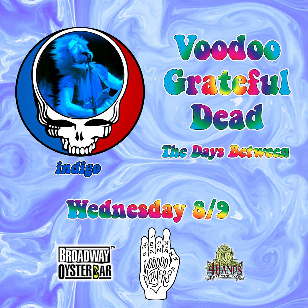OysterBarSTL's tweet photo. WEDNESDAY โ 8/9
For the #DaysBetween remembrance finale, Sean Canan's Voodoo Players bring you the #indigo, representing the blues felt the day Jerry left us. You may hear Tangled Up in Blues, Deep Elem Blues & more. Get a @4HandsBrewingCo special! #VoodooDead #BroadwayOysterBar https://t.co/PwVFX2zZPo