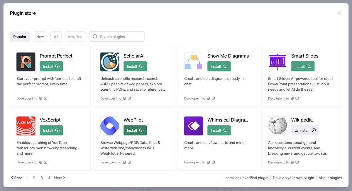 OfficialLoganK's tweet photo. Awesome to see many new ChatGPT plugins breaking into the "Most popular" category this week (not easy to do) 📈

- Earth 🌏
- Daigram 📊
- CoderPad 🤖
- One Word Domains 👀
- Smart Slides 🛝

And a few more! https://t.co/baEPORxeWD