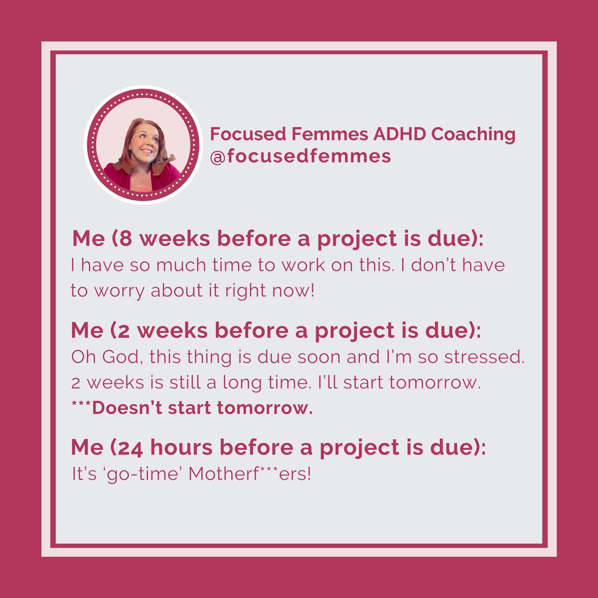 focusedfemmes's tweet photo. 🩷 If you thrive on the pressure of an upcoming deadline! #adhd #adhdwomen #adhdwoman #adhdadult #adhdcommunity #adhdsupport #adhdawareness #adhdsupport #adhdcoach #adhdcoaching #adhdmemes https://t.co/Xwxf3v8srP