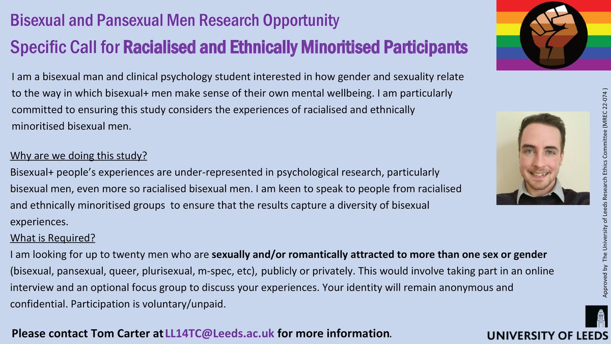 Currently black, racialised, and ethnically minoritised participants are underrepresented in my study. Please get in touch at LL14TC@LEEDS.AC.UK (UK participants only)