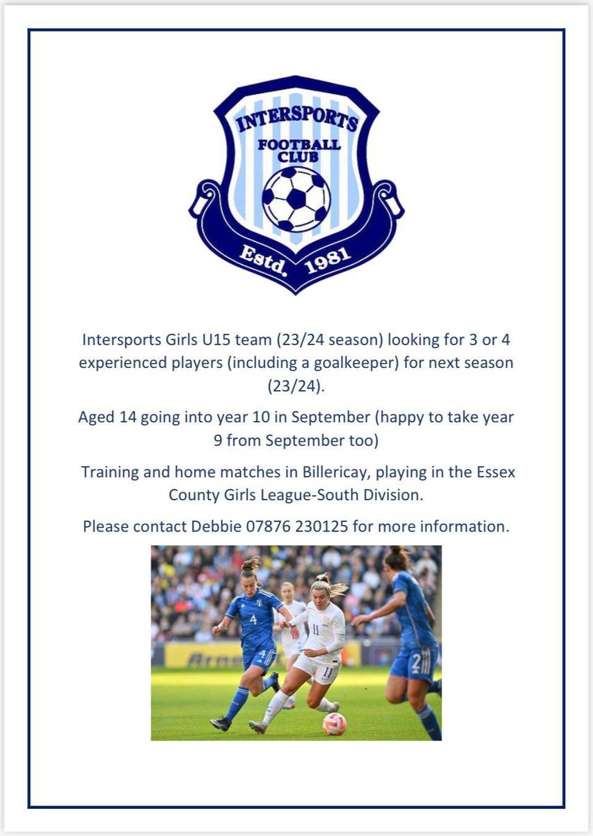 intersports_fc's tweet photo. Our U15 girls team are looking for players to join their team for the new season. 
Girls going into Year 9 or 10 from September. 

Get in touch for more info 

#squadbooster #playerswanted 

@EssexCountyFA @BCFAYL https://t.co/d9FQfDrcor