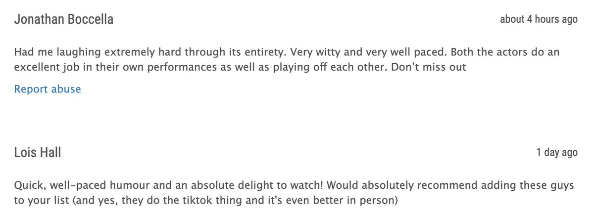 Fab audience reviews starting to come in, thank you!!

Come see us tomorrow at 12:40pm to see what Lois and Jonathan were enjoying so much 😁

#edfringe #comedy