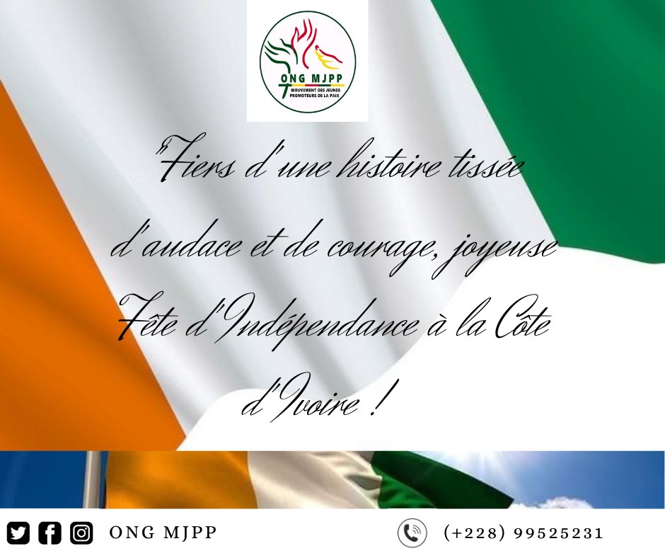 ongmjpp's tweet photo. Cher peuple ivoirien 🇨🇮,

En cette journée spéciale, nous nous unissons pour célébrer avec fierté l'histoire de votre nation, la Côte d'Ivoire, à l'occasion de la Fête d'Indépendance ! 🎉

#IndependanceDay #CôtedIvoire #FiertéNationale #Unité #Liberté #Paix #Harmonie #Traditions https://t.co/V4SdZn1ZYr