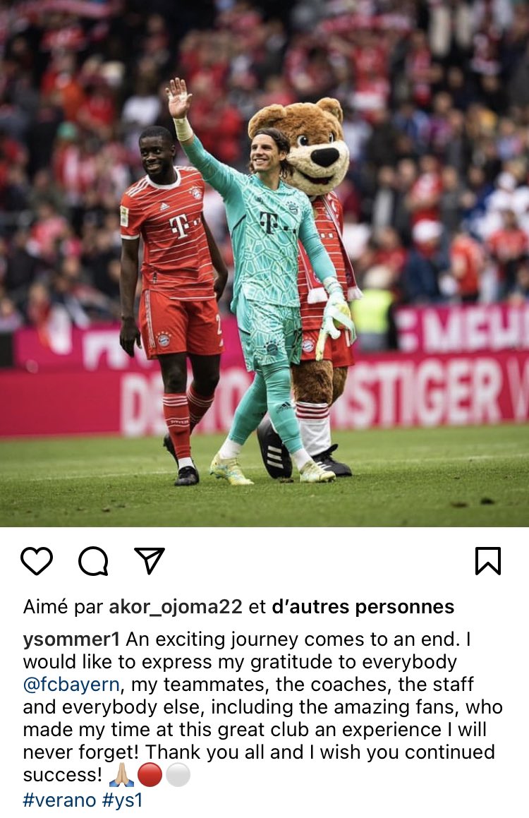 TortiFoot's tweet photo. 🚨OFFICIEL: Yann Sommer annonce son départ du Bayern! 👋

Le portier va s’engager avec l’Inter prochainement. 🖤💙

(Instagram) #FCBayern #ForzaInter https://t.co/lur7pI2e6s