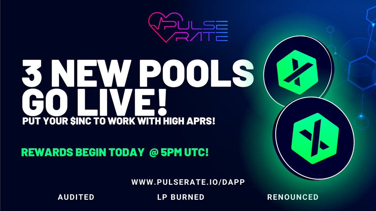 🤩 3 New Pools Go Live Today! Get Ready by gathering those $INC tokens &amp; keeping an eye on announcements for early deposits!

⏰ Rewards Start Today @ 5PM UTC!

- WPLS/INC
- PRATE/INC
- PSHARE/INC

🤑 Get started Earning!
👉 pulserate.io/dapp/?ref=0x4D…

#PLS #PLSX #HEX #BTC #ETH #INC